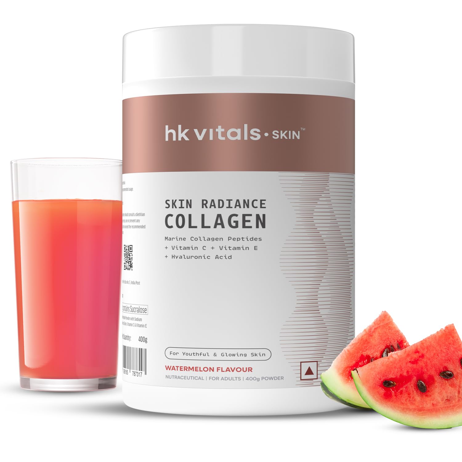 hk vitals Skin Radiance Marine Collagen Supplement (Watermelon, 400g) |Vitamin C, E, Sodium Hyaluronate | For Healthy Skin, Hair & Nails