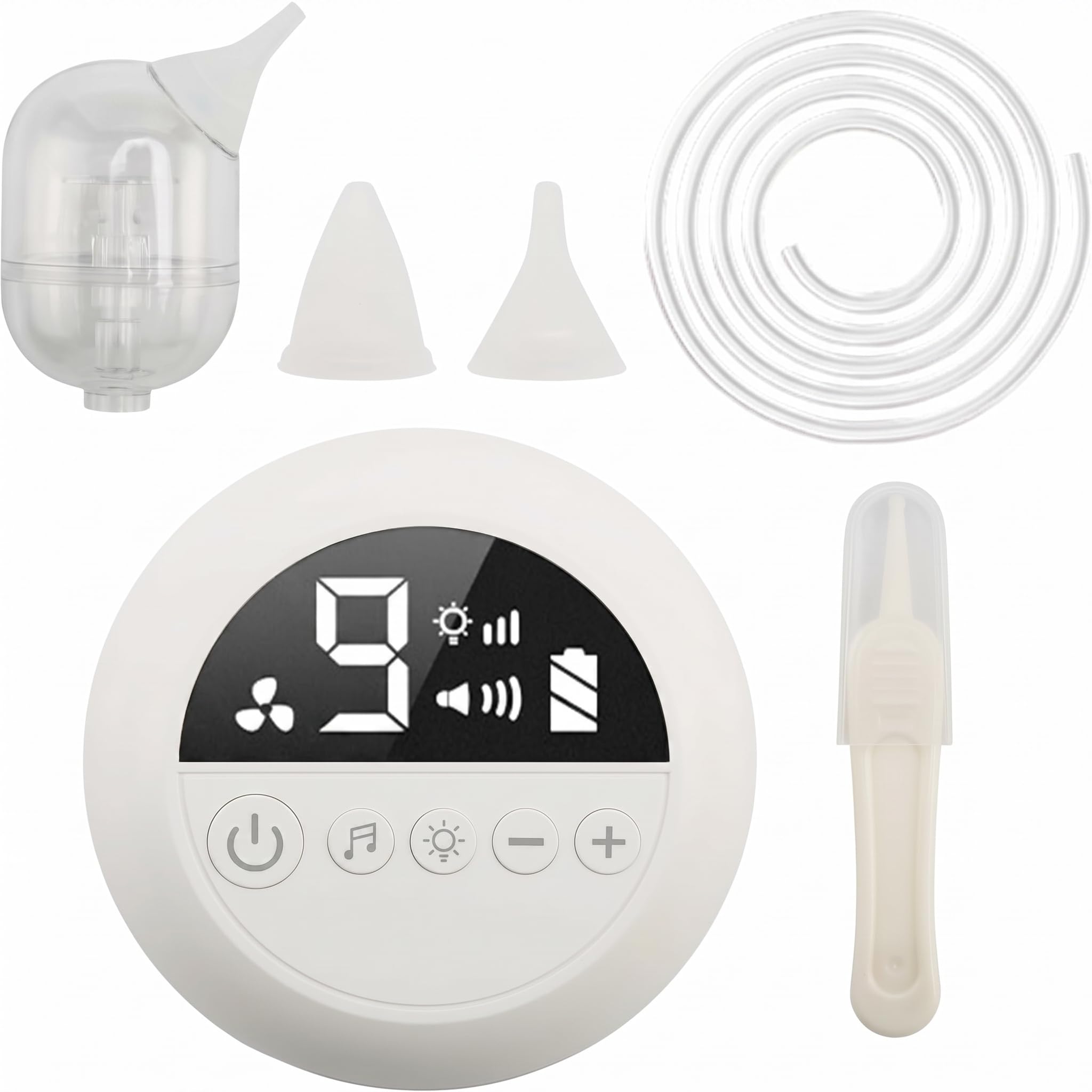 Aspiratore Nasale Elettrico Neonato, 9 Livelli con 3 Punte Silicone | 9 Livelli di Aspirazione | 3 Punte in Silicone Morbido | Ricaricabile USB | Luce Notturna e Musica per Bambini