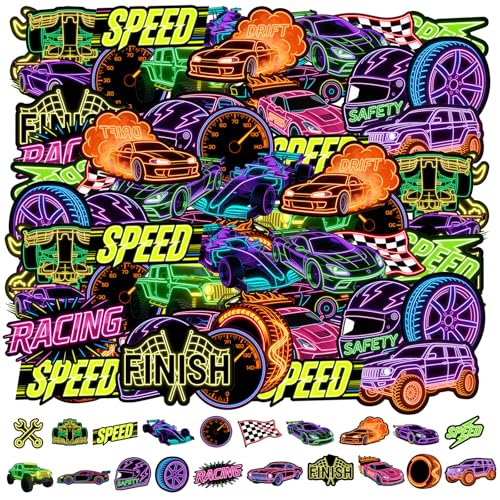 Lot de 100 autocollants en vinyle sur le thème des voitures de course néon - 20 designs uniques et amusants, 5 de chaque, pour la décoration sur le thème...