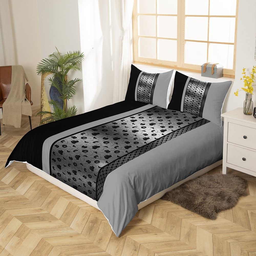 Funda de edredón geométrica negra y gris, funda de edredón vintage para adolescentes, niñas y mujeres, funda de edredón abstracta con rayas cuadradas, juego de ropa de cama con 2 fundas de almohada