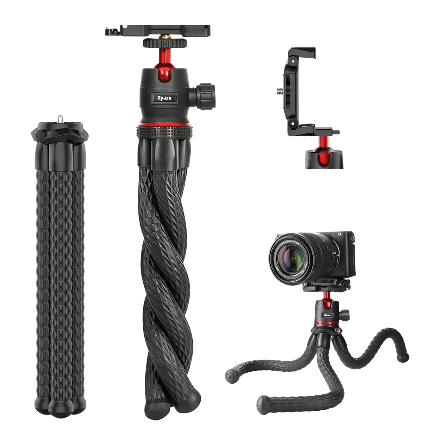 Dyazo Flexible Gorilla Camera Tripod Stand with 360° Rotating Ball Head & Phone Holder | Portable Gorilla Tripod for DSLR | Compatible for Sony, Nikon, Canon, Samsung & iPhone Devices (Black & Red)-image-24