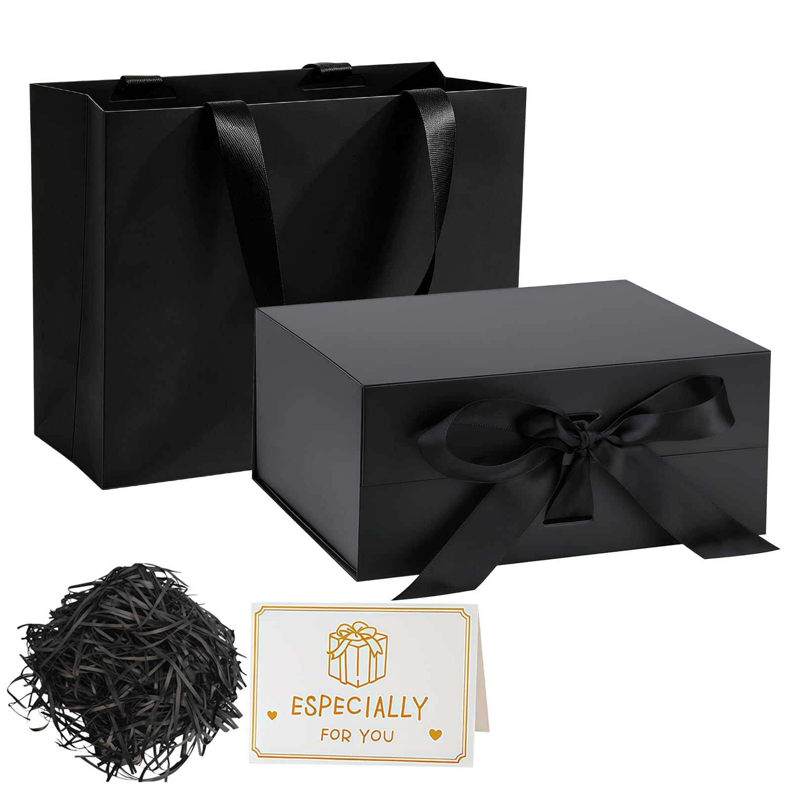 Magnetic Gift Box with Lid for Presents, 22 x 17 x 8.5 cm Black Gift Box Set with Gift Bag, Ribbon, Greeting Card & Raffia Paper, Foldable Present Box for Birthday Wedding Christmas Valentines Day