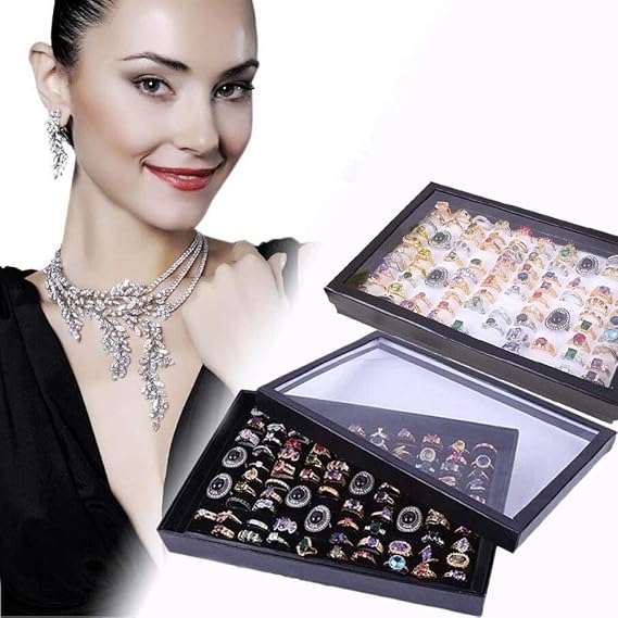 ZLY Jewelry Rings Display Tray Velvet 100 Slot Case Box Jewelry Storage Box