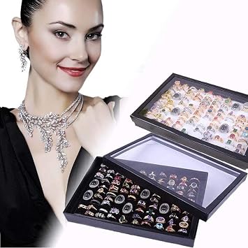 ZLY Jewelry Rings Display Tray Velvet 100 Slot Case Box Jewelry Storage Box