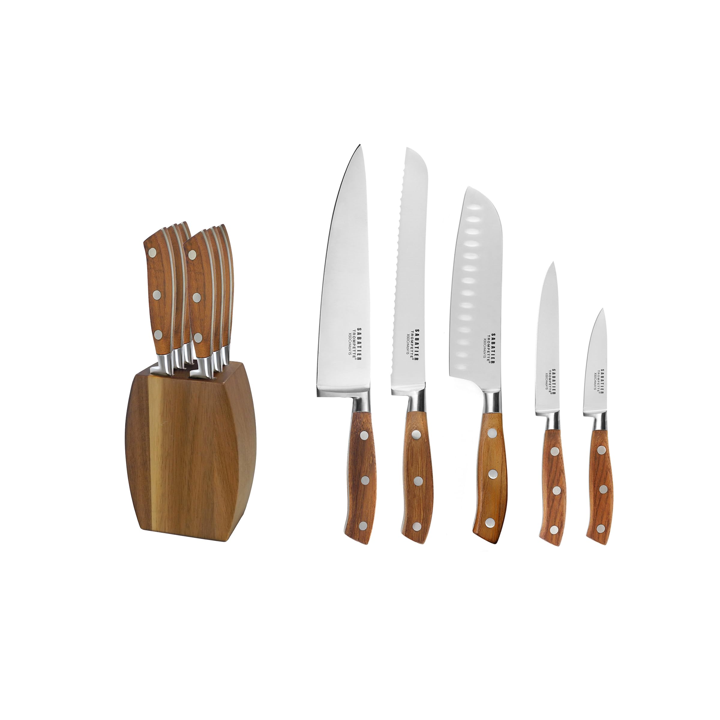 SABATIER TROMPETTE - Set 5 couteaux de cuisine : Office, Utile, Santoku, Chef, Pain et bloc avec 6 couteaux steak assortis - Ryokan - Acier 5CR15MOV finition satinée manche Bois de frêne - Bois