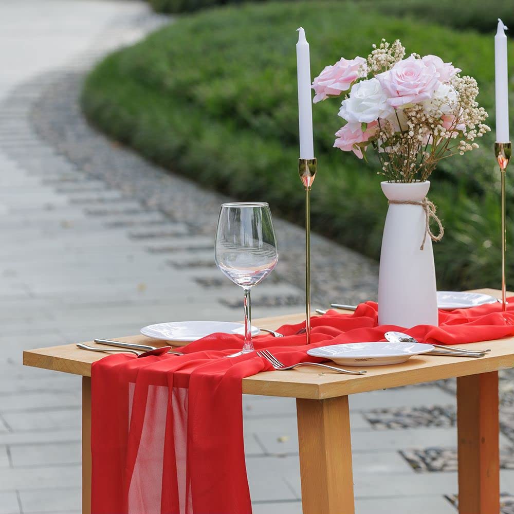 ASPIRA 5 PCS Table Runner Chiffon Red 28x116 Inches(10 ft) Boho Gauze Cloth for Kitchen Dining Table, Baby and Bridal Shower Decorations, Birthday Party Decor, Christmas Party, Romantic Wedding