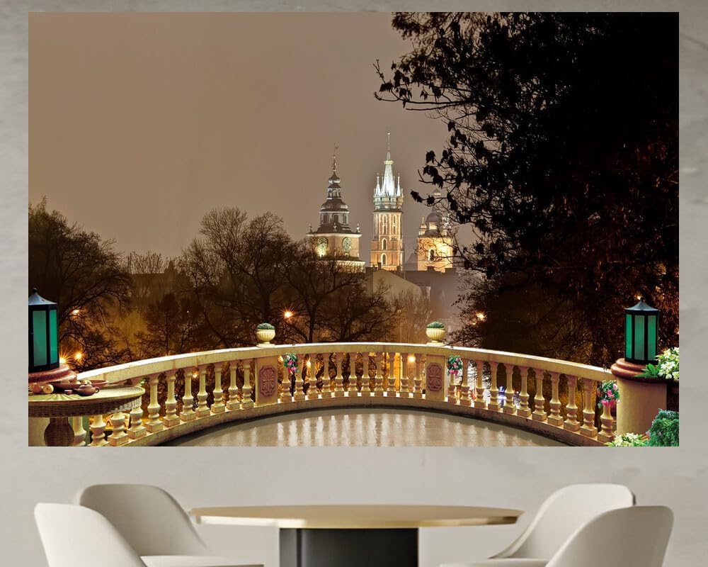 JZZD07414 Krakow Poland Castles Wawel Night Trees Street| Self-Adhesive Open Window Wall Sticker