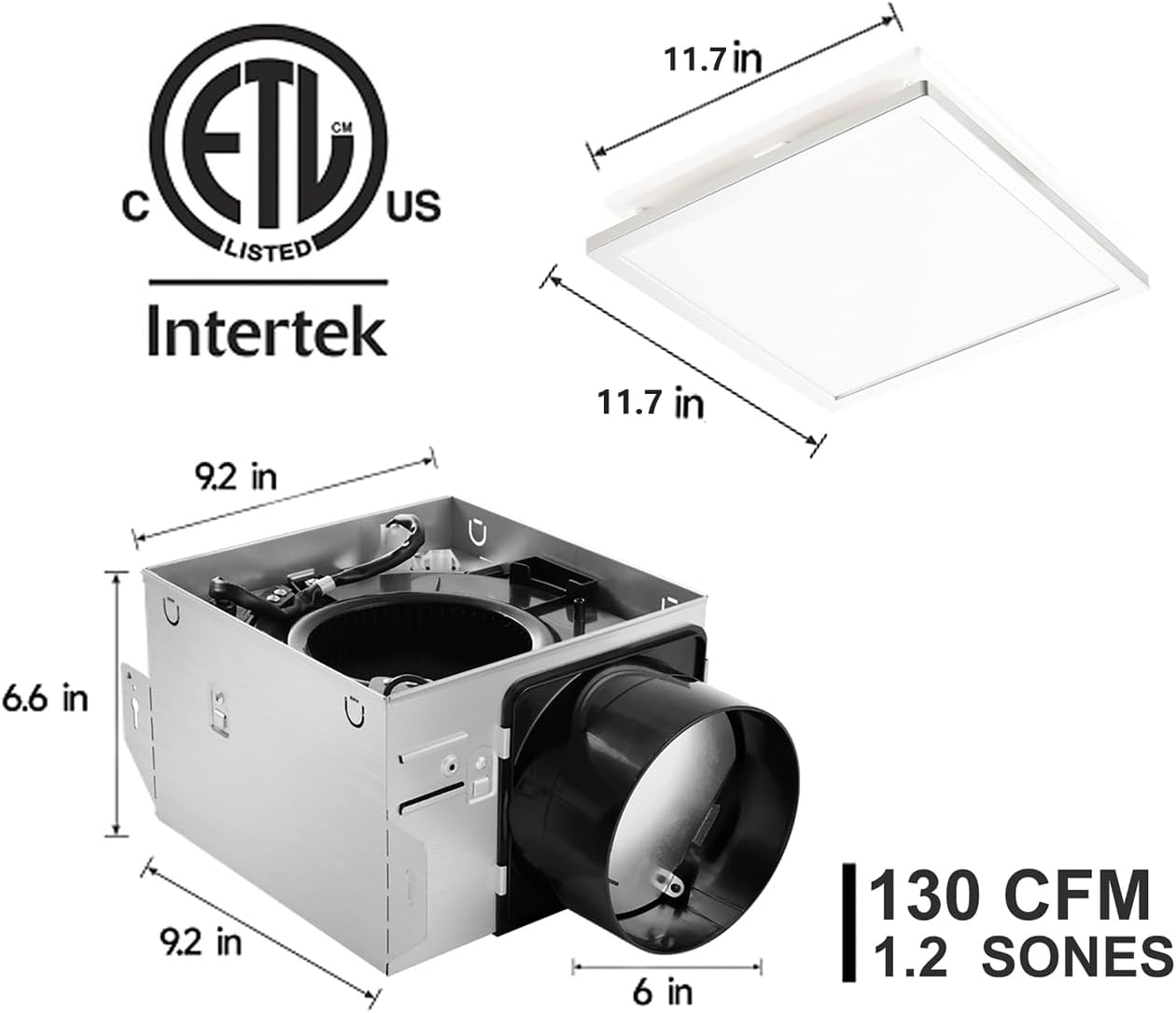 Tech Drive Modern Nickel Bathroom Exhaust Fan with Light - 130 CFM, 1000lm Dimmable 5CCT LED Light with Night Light Selectable, 6-Inch Duct Quiet Ventilation, Decorative Nickel Trim, Easy to Install