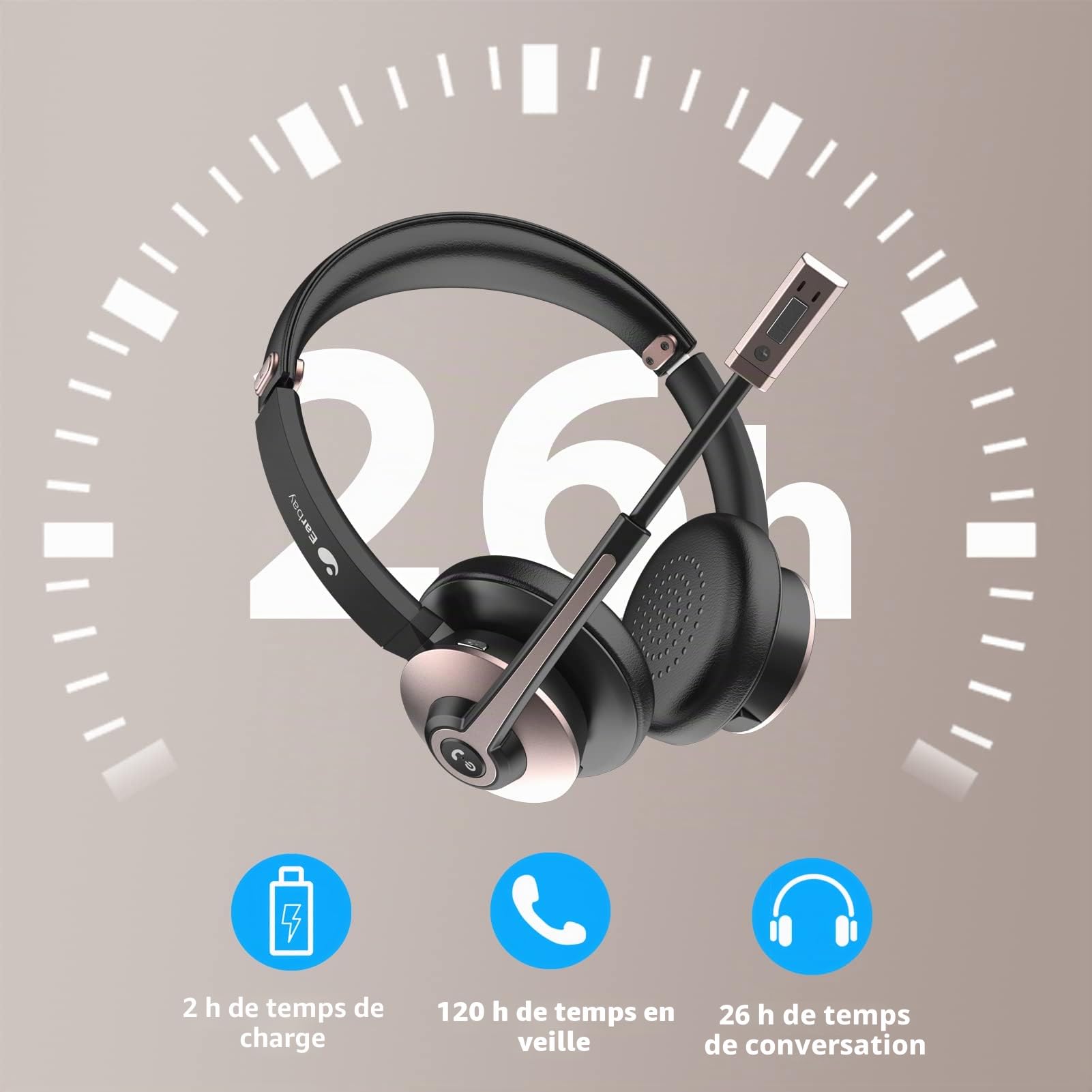 Casque Bluetooth sans fil avec microphone antibruit, casque supra-auriculaire avec clé USB et bouton muet, 26 heures de temps de conversation pour PC/bureau/zoom/Skype Or rose