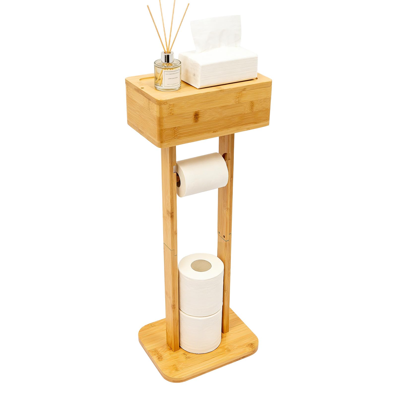 Portarrollos de papel higiénico de pie de bambú con almacenamiento, soporte de papel higiénico de bambú, soporte para papel higiénico con caja para toallitas húmedas (tapa de caja giratoria