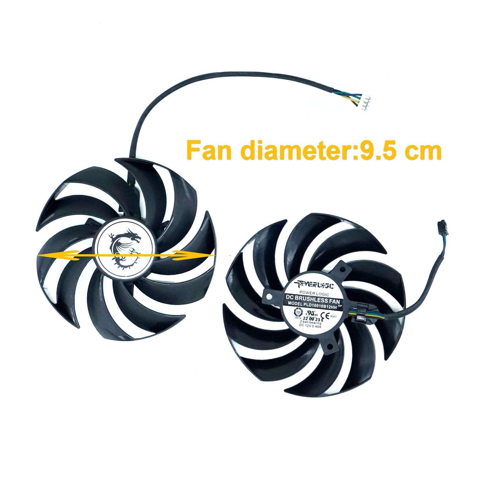 Ventilateur de rechange pour carte graphique compatible avec MSI GeForce RTX 3060 Ti GAMING X 8G LHR, 3060 GAMING/X, 3050 GAMING/X, PLD10010B12HH, 2 roulements à billes, 95 mm