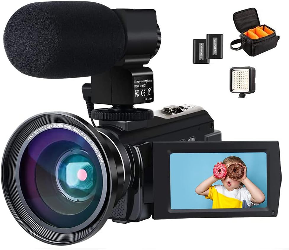 4K Camcorder, Actitop Video Camera 48mp Full HD 1080p WIFI IR Night Vision 16X Digital Zoom Video Camcorder with External Microphone, Wide Angle Lens, LED Video Light and Camera Bag