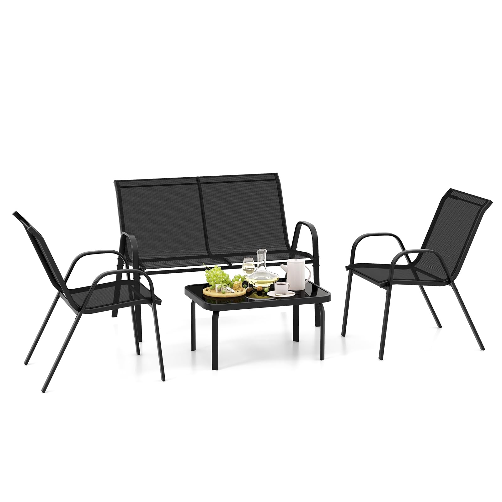 COSTWAY Set Tavolo e Poltrona da Giardino, Set di Mobili 4 Pezzi per Esterno, con Tavolino in Vetro Temperato, Panca e 2 Poltrone, per Giardino Balcone Piscina (Nero)