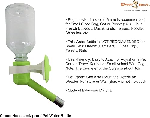 Miniatura 2 de Choco Nose Botella de agua patentada antigoteo para perros, gatos y otros animales de tamaño mediano, para jaulas, jaulas o montaje en pared.