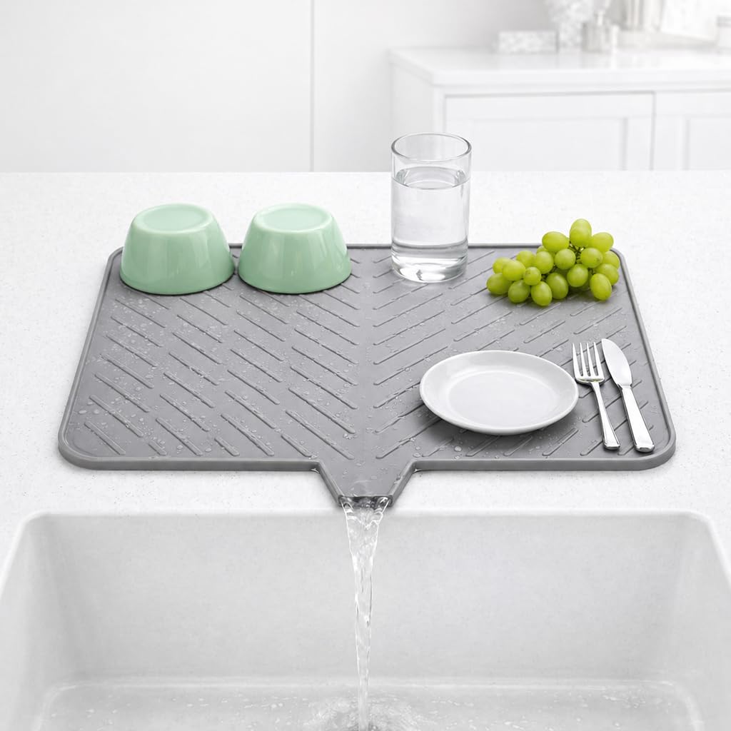 Homeze Tappetino scolapiatti da cucina in silicone, misura media, 40 x 30 cm, vassoio portaoggetti integrato per utensili, sottopentola resistente al calore, protegge i controsoffitti, previene