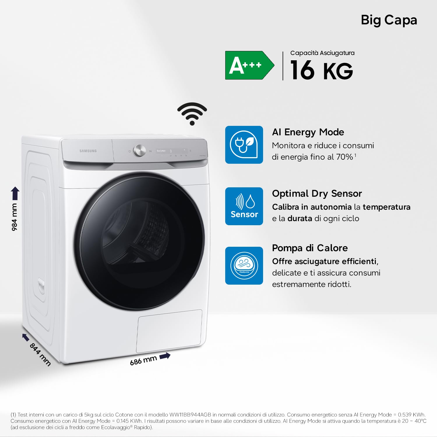 Samsung Asciugatrice DV16DG8600BW/U3, 16 kg, Pompa di Calore, Wifi, AI Dry, Programma Igienizzante, Carica Frontale, 68,6L x 98,4H x 84,4P cm