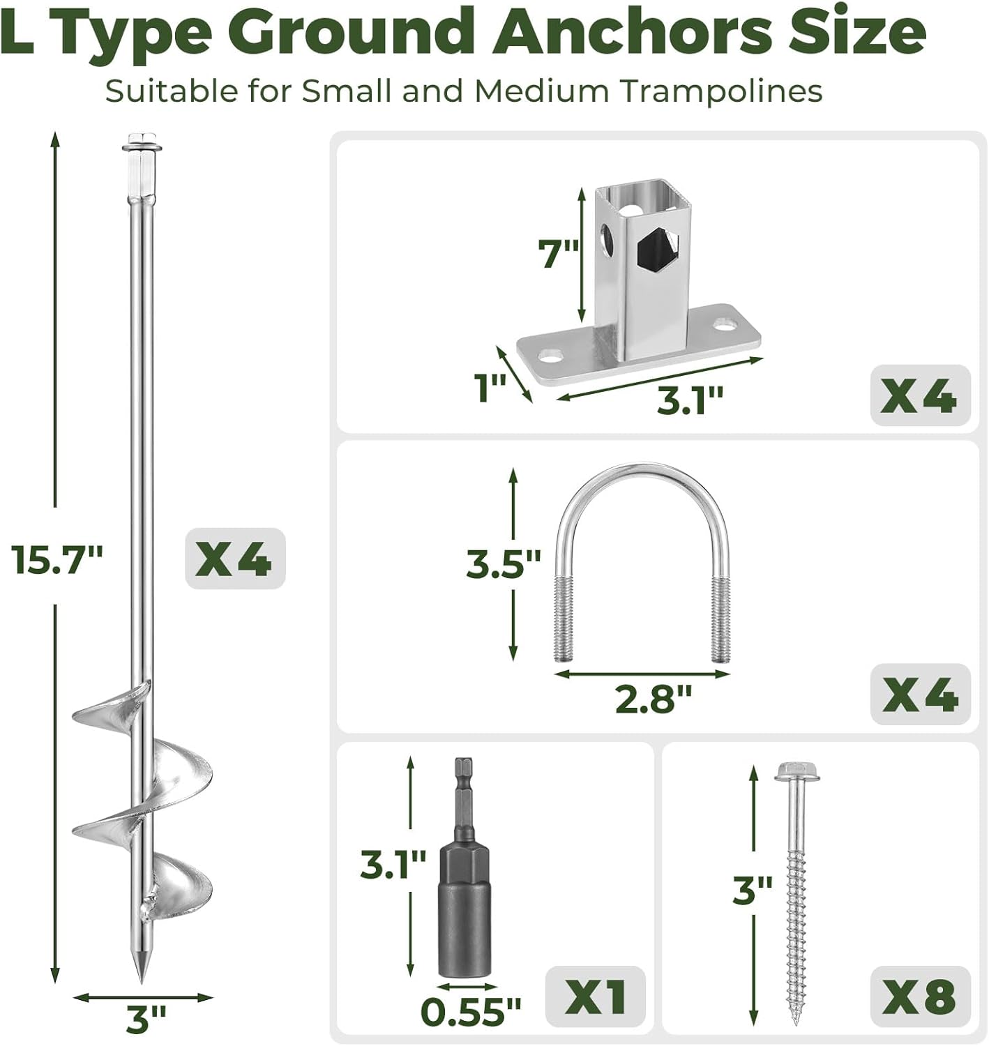 Kingsyard Trampoline Stakes, 18 Total Length Set of 4 Multi-Purpose Ground Anchors Heavy Duty, Fully Welded Mobile Home Anchors, Shed Anchor Kit for Swing Sets, Carports Kingsyard Trampoline Stakes, 18 Total Length Set of 4 Multi-Purpose Ground Anchors Heavy Duty, Fully Welded Mobile Home Anchors, Shed Anchor Kit for Swing Sets, Carports
