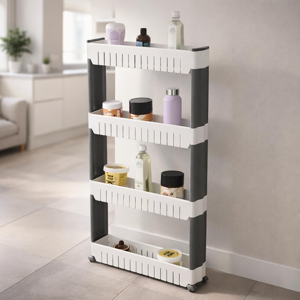 FLIPZON Slim Rolling Storage Rack – 4-Tiered Shelf Plastic Slide-Out Organizer | Space-Saving, Multipurpose | for Kitchen, Bathroom, Laundry, Pantry & Utility Storage | Floor Standing | White & Grey-image-11