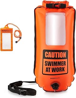 BUDDYSWIM Boa di Sicurezza per Nuoto in Acque Libere da 28 Litri. Include Custodia Impermeabile per Telefonino. Colore Arancione.