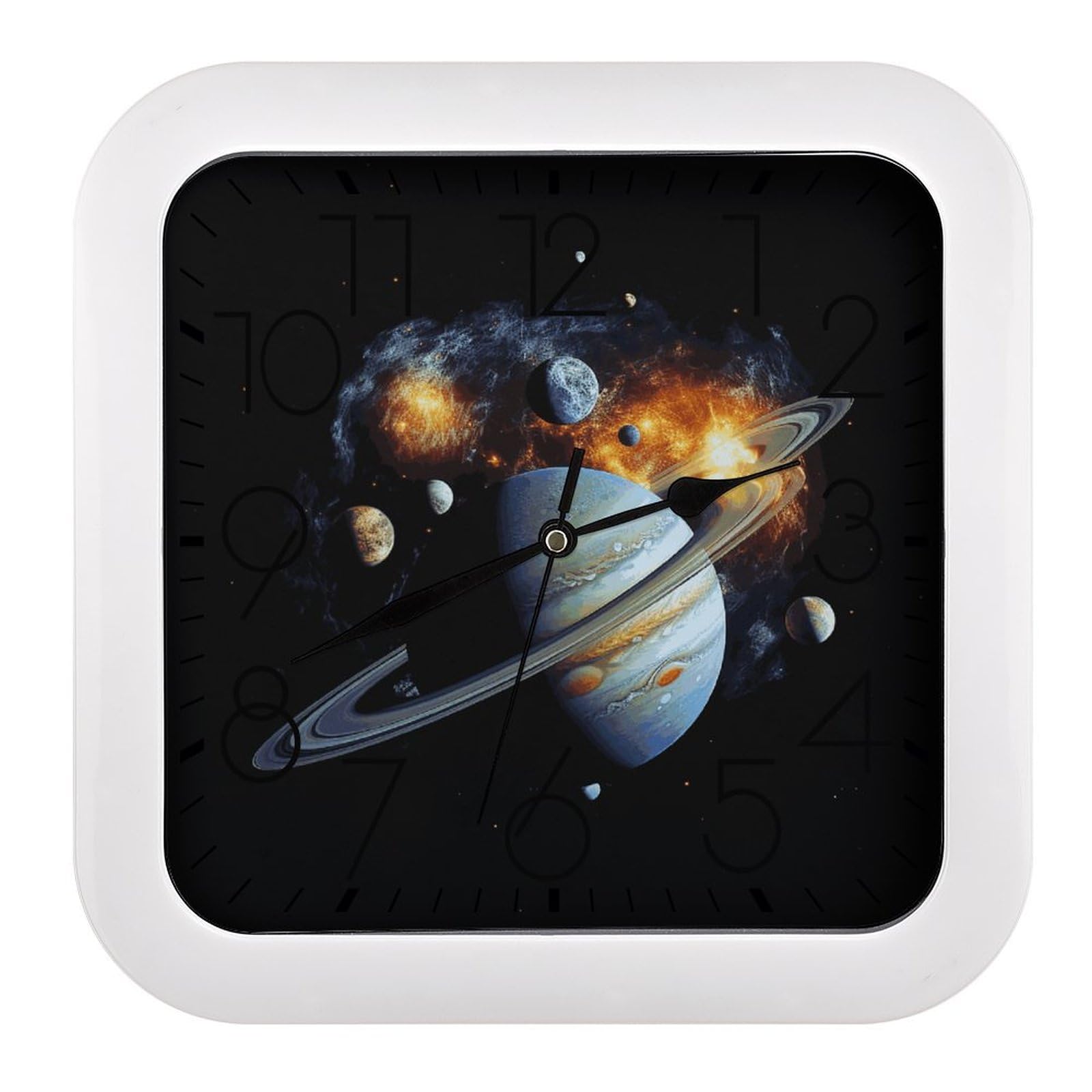 Horloge murale carrée anti tic-tac motif Jupiter à piles 25cm