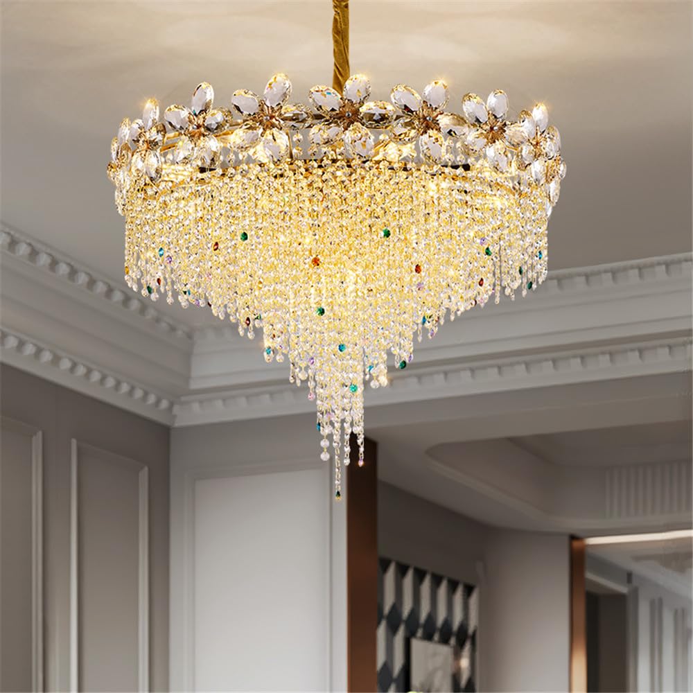 CSXSXAUO Contemporary Crystal Pendent Lamp LED Fashion Luxury Golden Living Room Restaurant Bedroom Villa Hotel Duplex Building Staircase Chandelier (B D60CM)