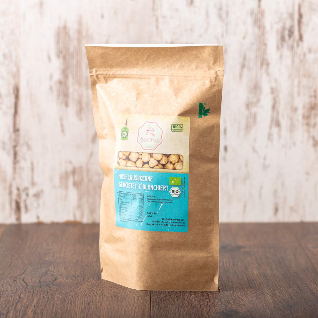 süssundclever.de® Bio Haselnusskerne, blanchiert & geröstet | 1,0 kg | 100% naturbelassen| Premium Qualität | plastikfrei und ökologisch-nachhaltig abgepackt