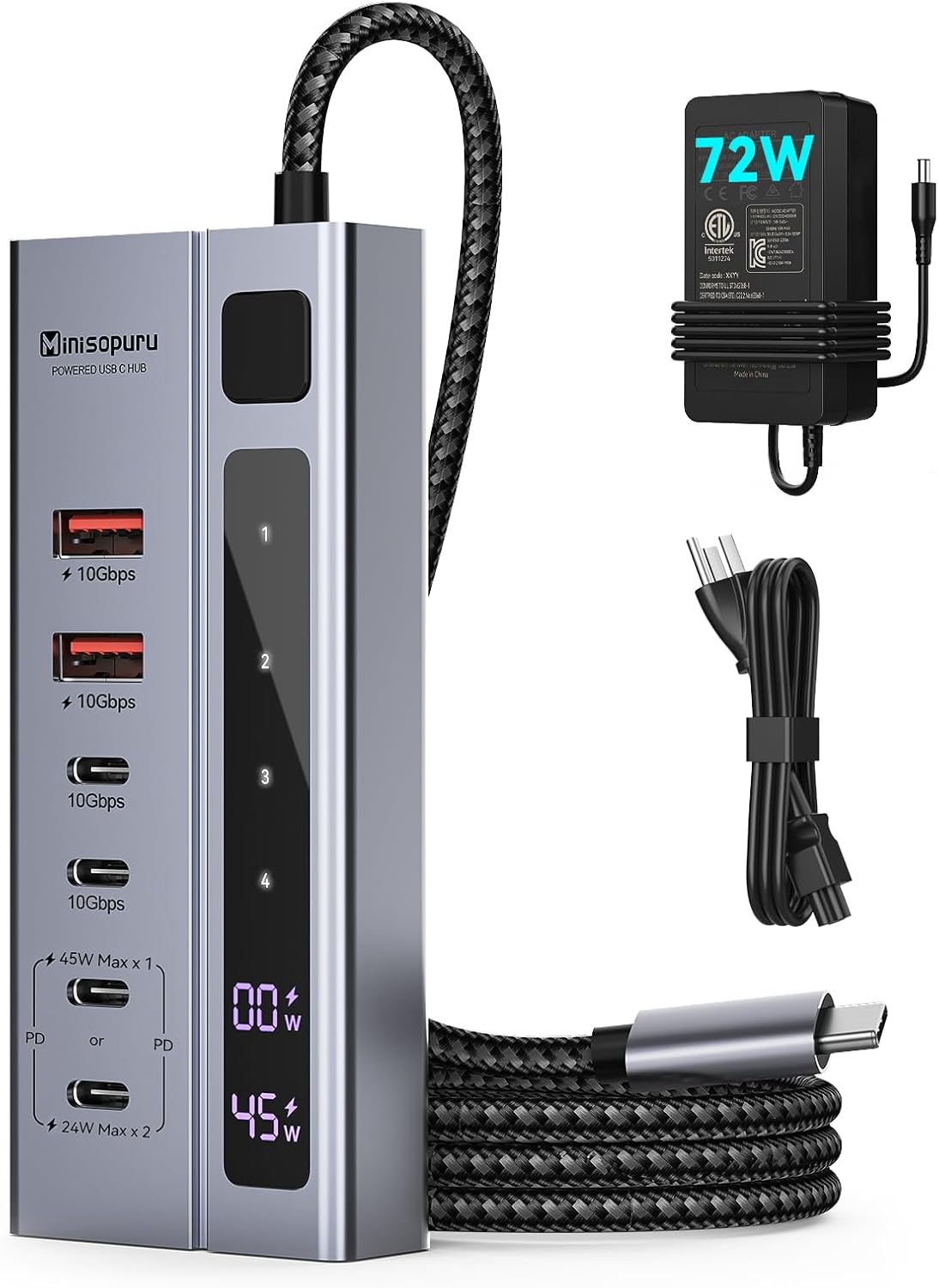 Minisopuru 6 IN1 Powered USB C Hub – Support Max 45W Charging, 10Gbps Data Transfer, USB C Hub with 72W Power Adapter, Compatible with Meta Quest Pro, Steam, iPad Pro, iPhone, Watch (Not for Monitor)