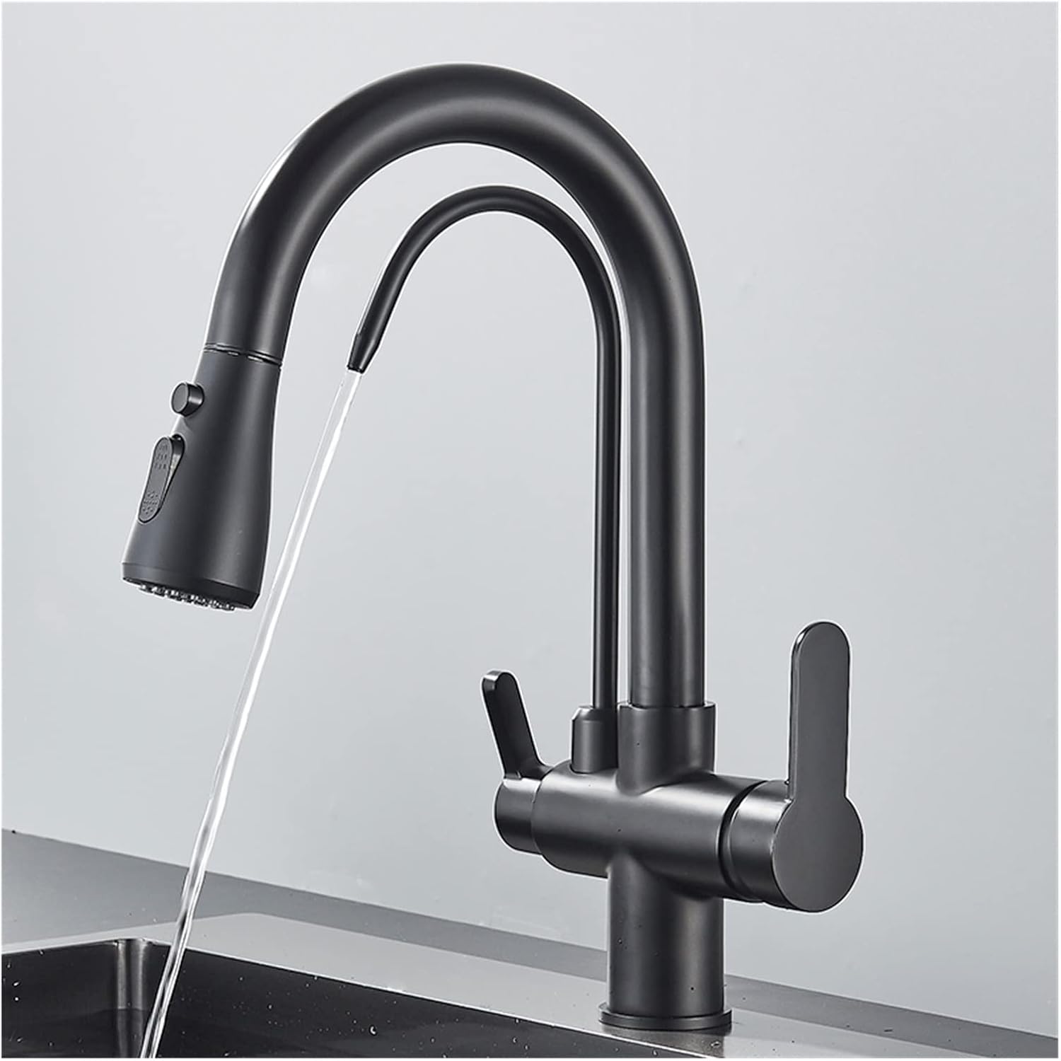 Matte Black 360° Rotating Filtered Crane Kitchen FaucetPullOut Spray 3Way Water Mixer Tap for Modern Kitchen Stylish & Functional Design