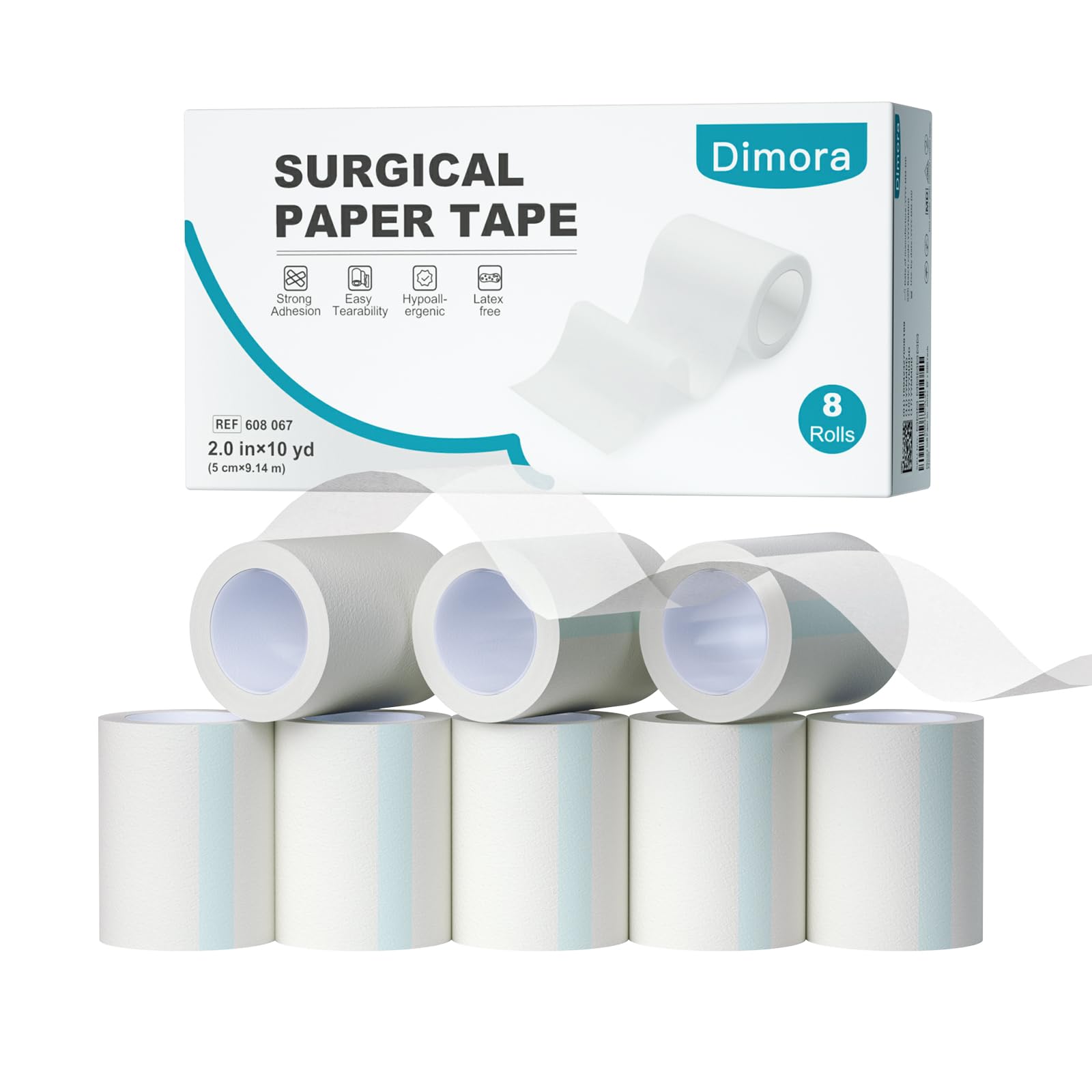 Dimora Nastro medico di carta, 8 rotoli, nastro chirurgico bianco ipoallergenico per pelli sensibili, nastro traspirante di primo soccorso con rimozione senza dolore, protegge medicazioni e