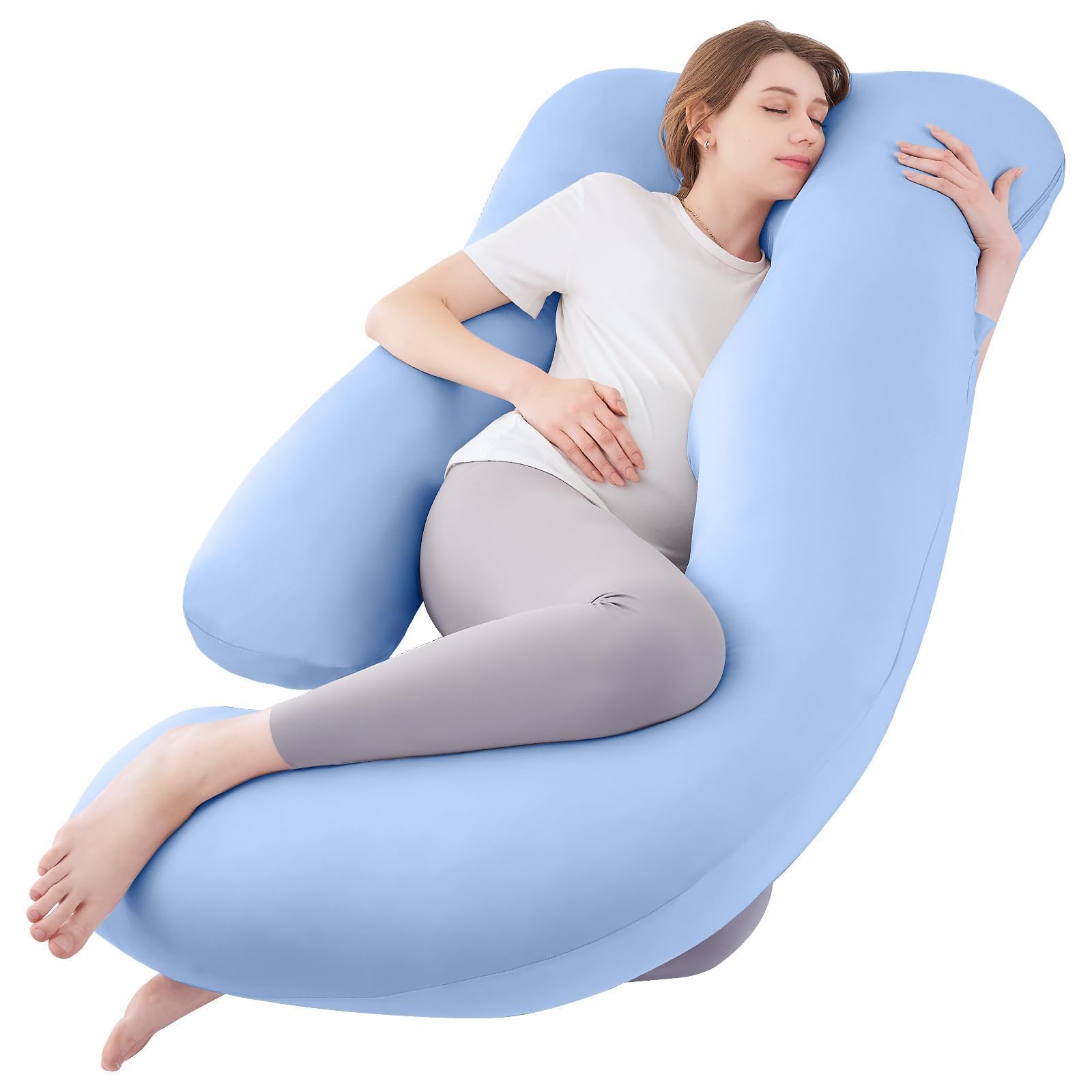 Sasttie Pregnancy Pillows for Sleeping, U Shaped Cooling Full Body Pillow Pregnancy Must Haves, Maternity Pillow for Pregnant Women, Pillow with Removable Cover for Side Sleeper, Light Blue