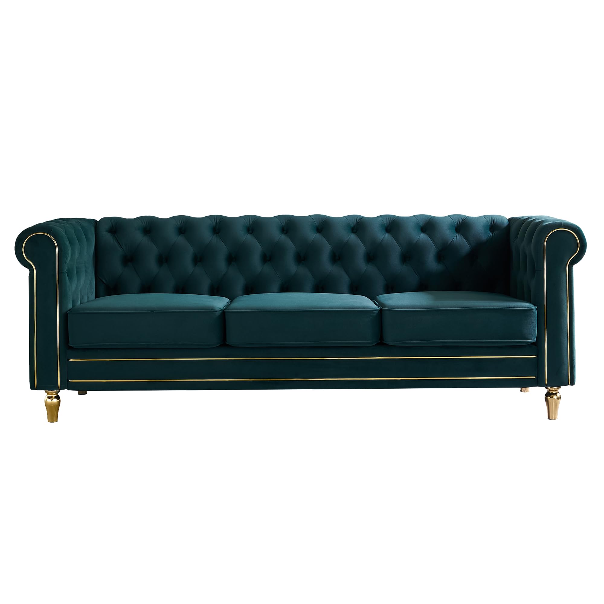 Homtique 84" Modern Green Velvet Chesterfield Sofa, 3-Seater, Button Tufted, Rolled Arms, Gold Legs