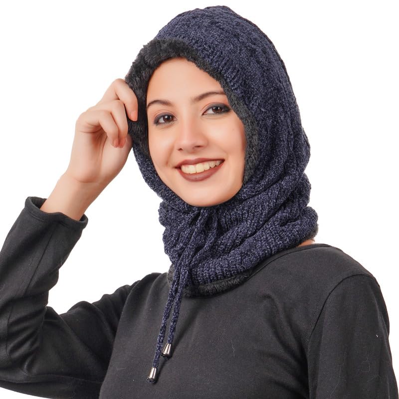 dressify Women's Fur Warm Winter Knitted Beanie Caps/Hats That Cover Face with Attached Neck Cover and Mask, Warmer Balaclava Cap Blue Color-picture-32