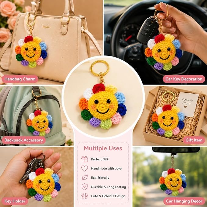 Image of Handmade Crochet Keychain Combo for Girls Women Cute Aesthetic Sunflower Strawberry Watermelon Daisy Knitted Keychain Bag Charm Purse Charm Car Key Ring Backpack Accessories Gift