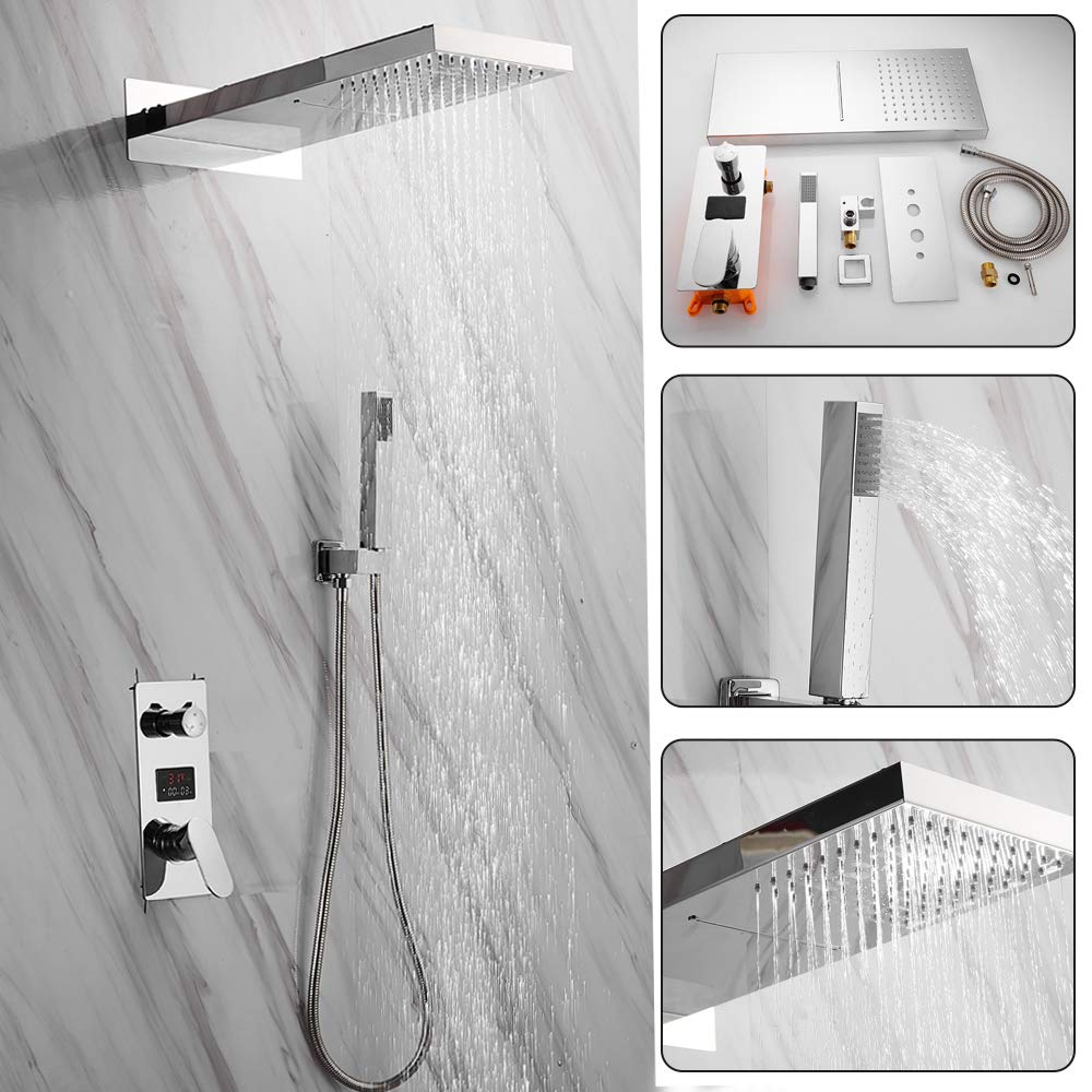 Robinet de douche mural avec douche à effet pluie - Mitigeur Douche - Avec douchette à main - Montage mural - Design cascade - Système de douche à LED thermostatique