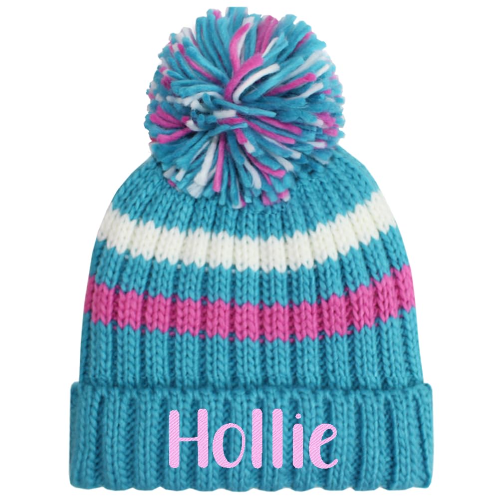 Teddyt's Girls Turquoise Personalised 'S Chunky Knit Striped Embroidered Bobble Hat (Uk, Age, 5 Years, 10 Years, )