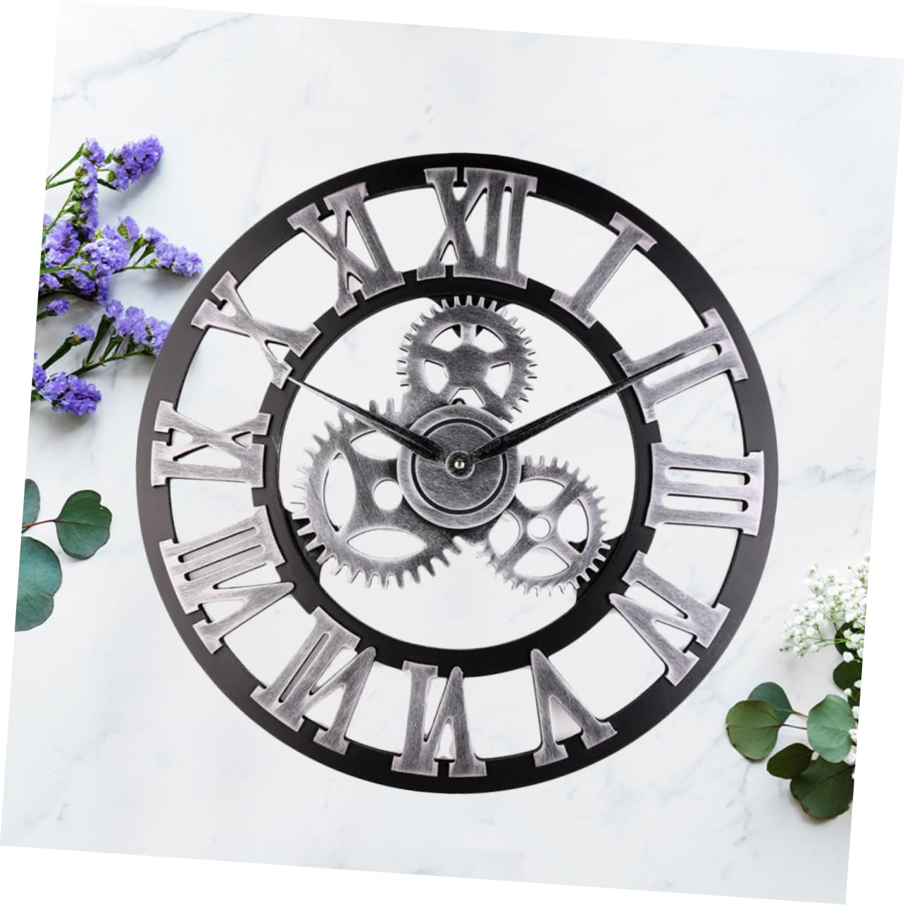 PRETYZOOM Reloj de Pared Diseño Original Estilo Industrial de 34 Cm en Madera Color Plata, Fácil de Instalar y Quitar para Salón u Oficina