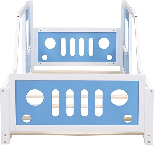 Miniatura 70 de Cama de plataforma clásica en forma de automóvil con ruedas, cama de automóvil de tamaño matrimonial con soporte de listones de madera, marco de