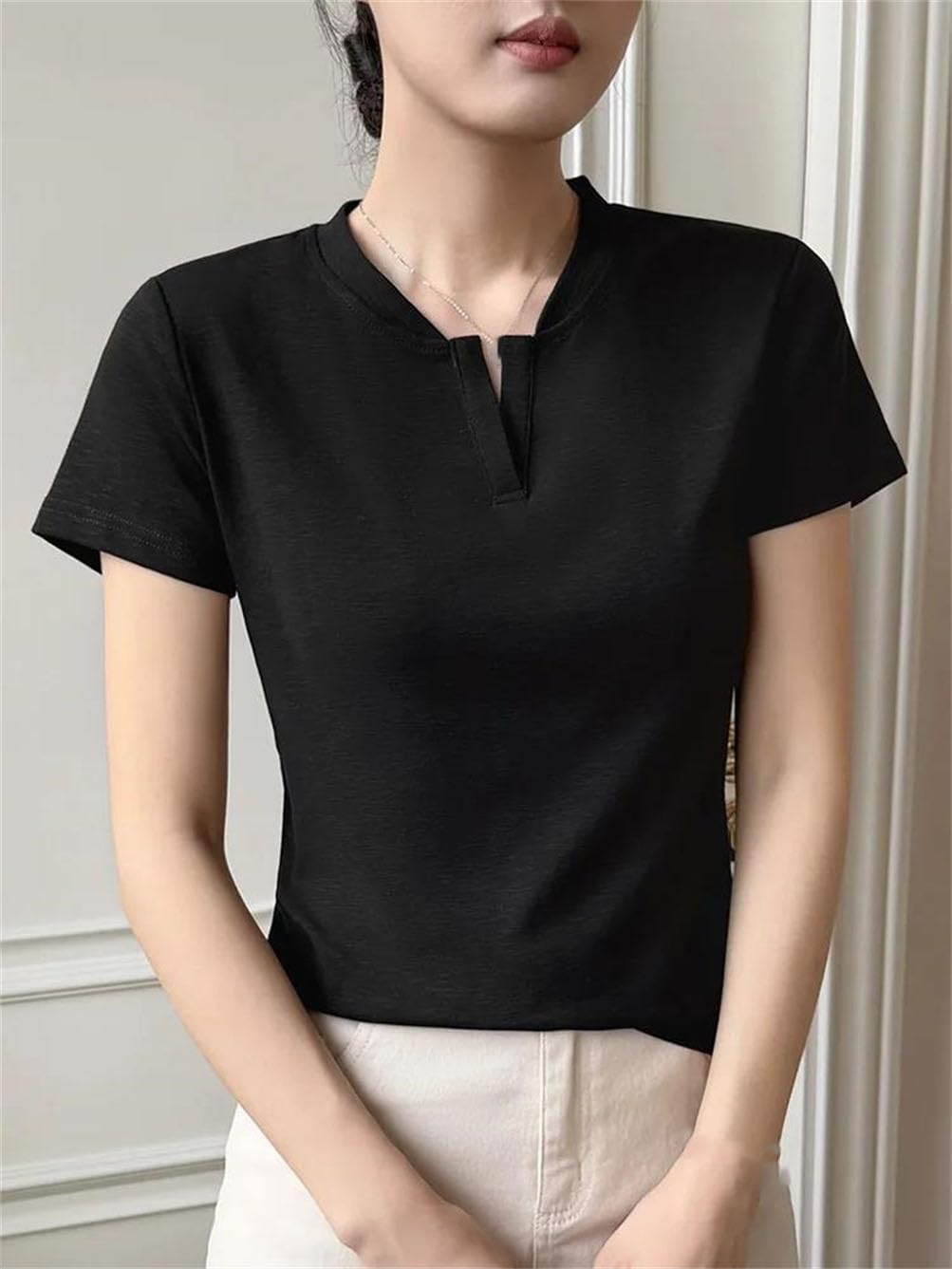 Camiseta de verano de manga corta con cuello en V para mujer, ajuste delgado, básica, simple, suave, para uso diario