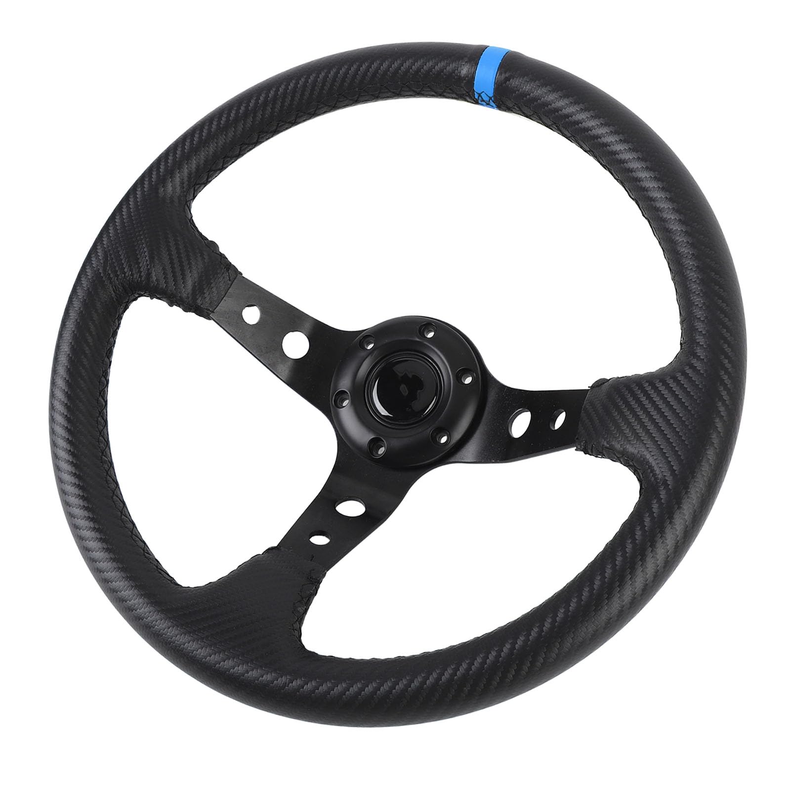 Volante da da 14 pollici, volante sportivo universale a profilo profondo con pulsante per clacson, telaio in alluminio con aspetto in fibra di carbonio rivestito in pelle PU (Blu)
