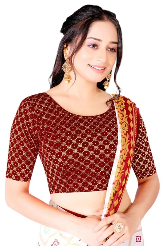 Women's Stretchable Readymade Saree Blouse | Round Neck | Puff Net Embroidered Sleeves | Half Sleeve *861 Parent-picture-33
