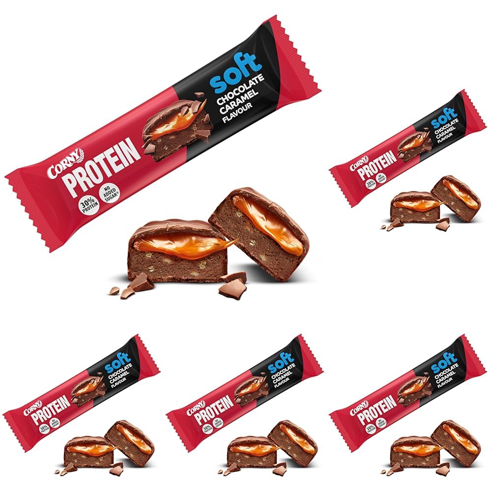 Protein Riegel Corny | Soft Chocolate-Caramel Flavor | 30% Protein | Eiweißriegel ohne Zuckerzusatz | Einzelriegel 45g (Packung mit 5)