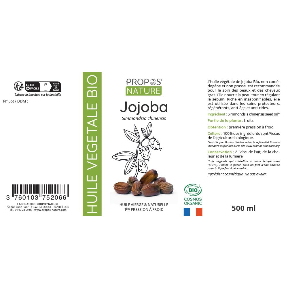 Huile de Jojoba Bio - Simmondsia chinensis seed oil - Huile vierge - 100% pure et naturelle - 500ml - PROPOS'NATURE