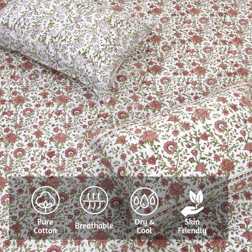 Image of TOAI Hand Block Printed Bedsheet | Bed Spread Flatsheet Bed Sheet | Pure Cotton | Queen Size 90 inchx108 inch | 210 TC Luxury Cotton | 2 Reversible Pillow Covers |Rust Flower Spread