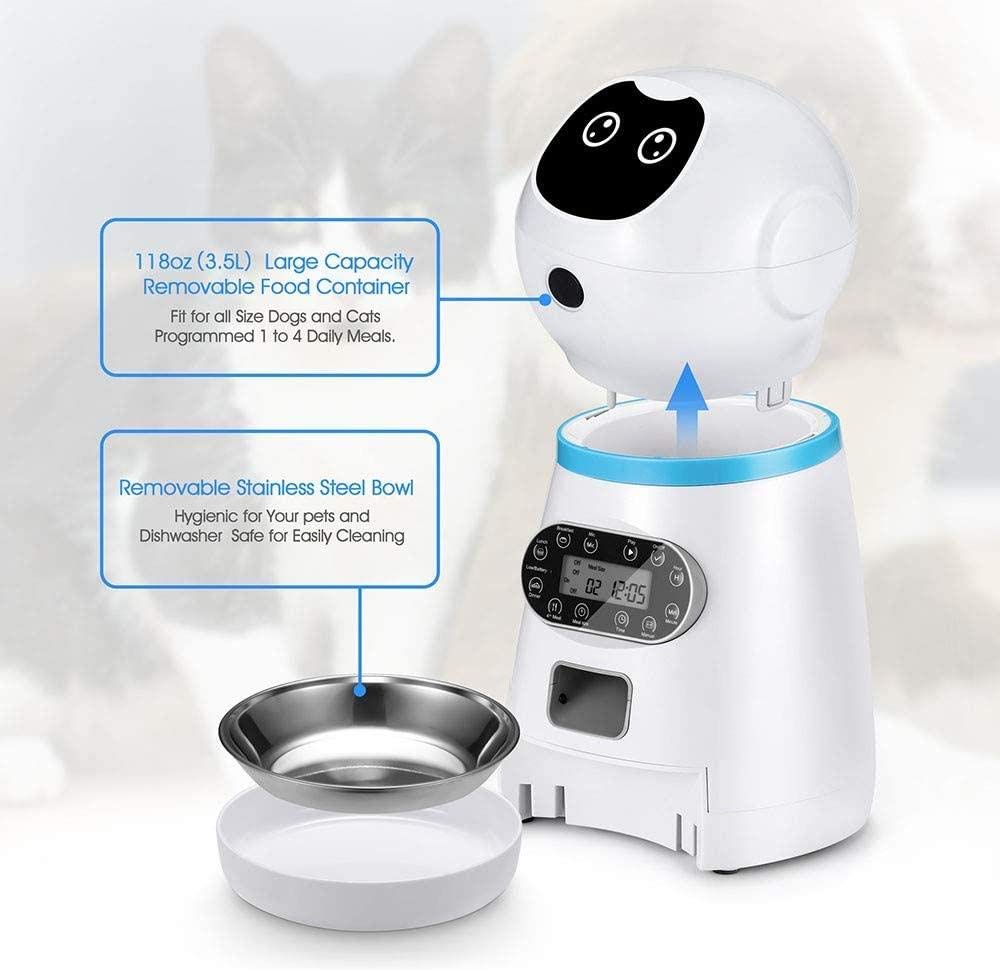 Dispenser automatico di alimenti per cani e gatti da 3,5 litri Dispenser per alimenti per cani con doppio controllo della parte del registratore vocale Timer e allarmi digitali programmabili (bianco)