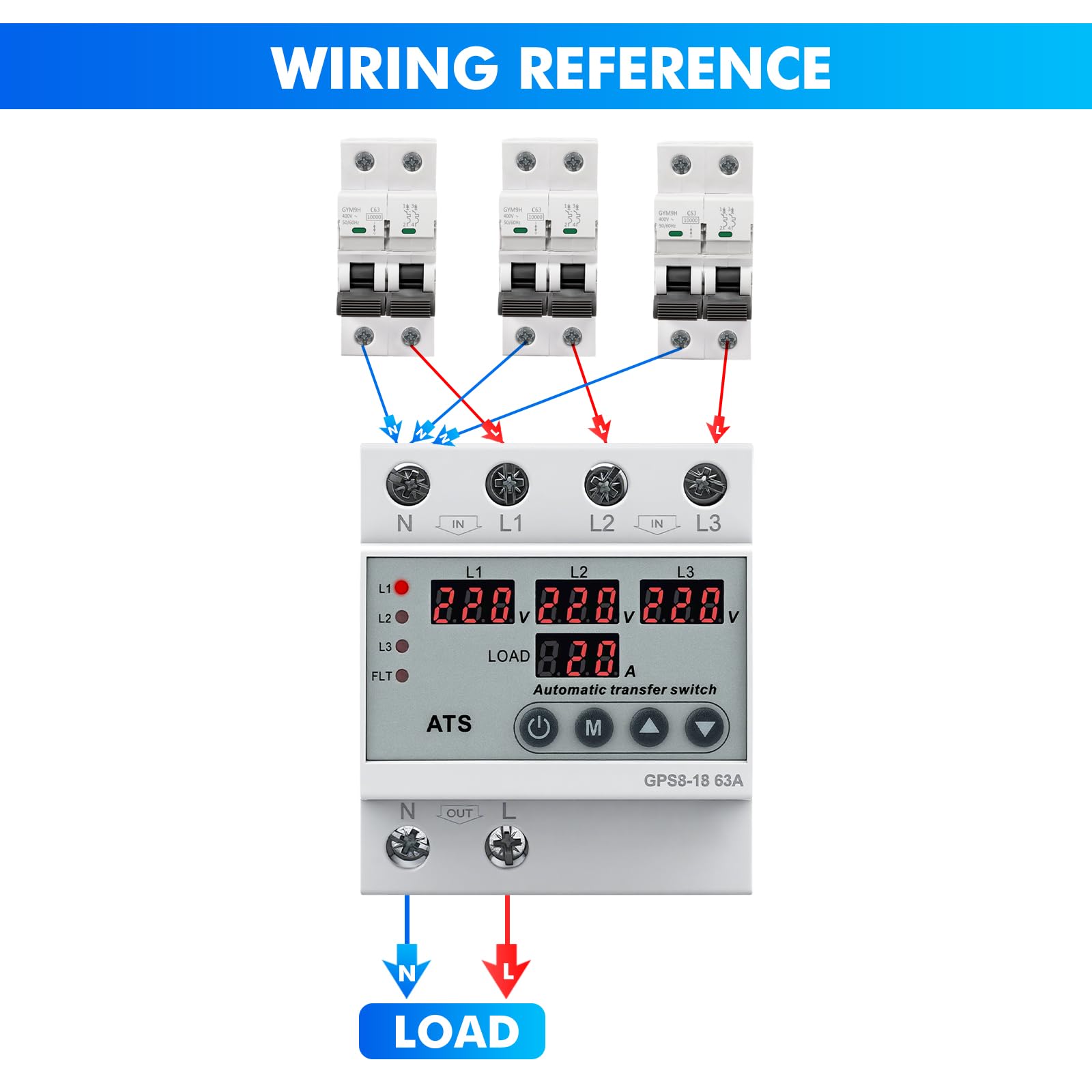 Interruttore di Trasferimento Automatico Trifase AC220V Commutatore 3 Posizioni Display Digitale LED Protezione da Sovratensione Sottotensione Sovracorrente per generatori fotovoltaici di rete GPS8-18