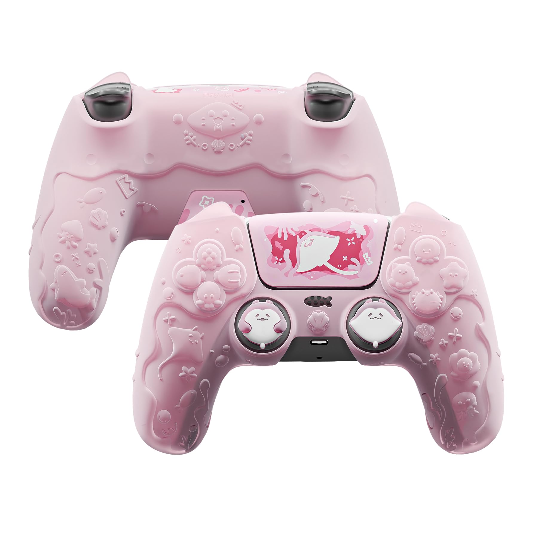 PlayVital Funda de Silicona Semitransparente para ps5 Mando - Serie Cute Ocean Whisper, Carcasa Protectora con Tapas para Joysticks y Pegatina, Compatible con Base de Carga (Rosa Melocotón)