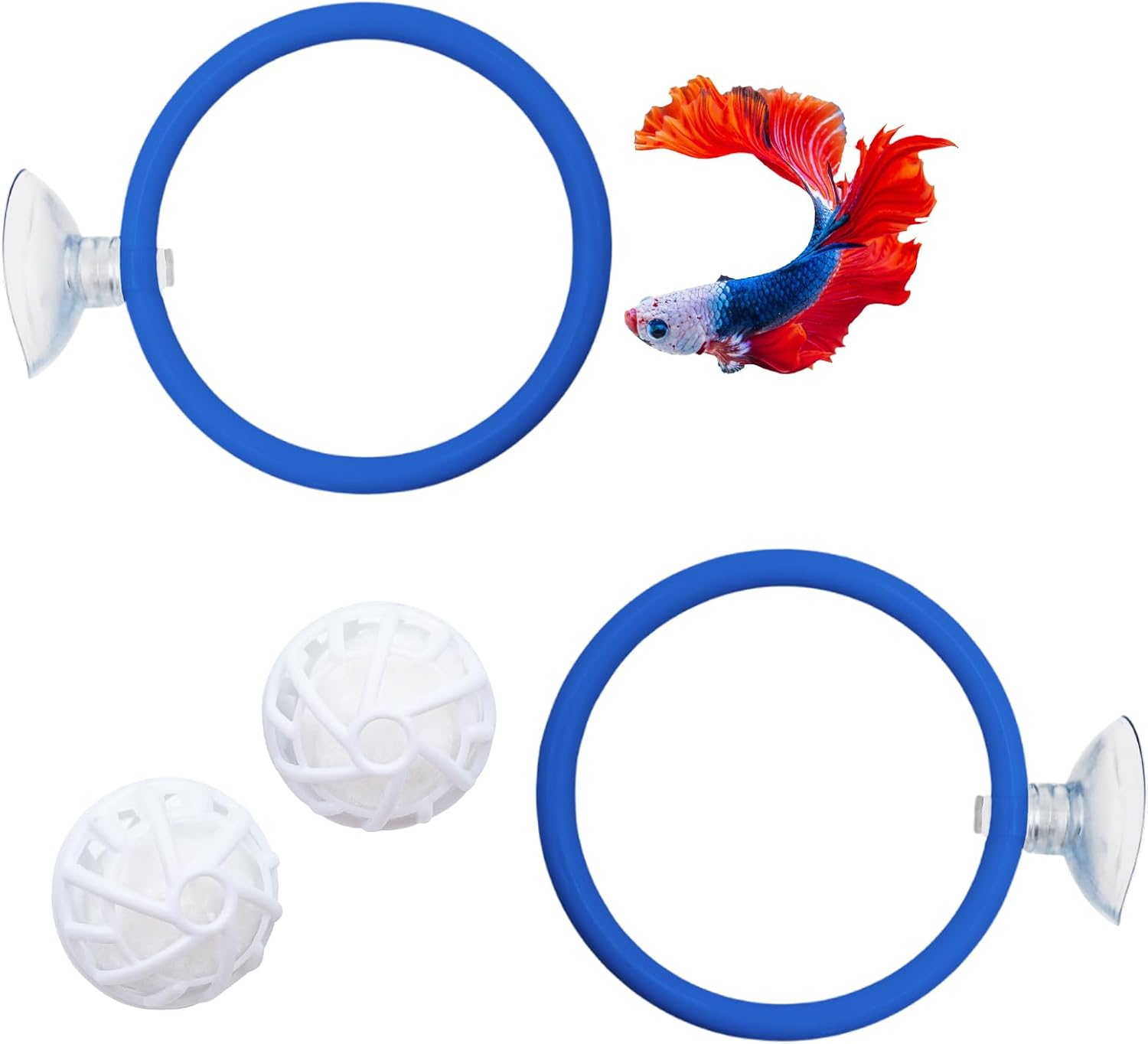 Betta Fish Tank Accessories, 2 Plastic Feeding Rings with Suction Cups and 2 Nitrifying Balls, Betta Enrichment Toys, Fish Tank Decor, Turtle Toys for Aquatic Turtles
