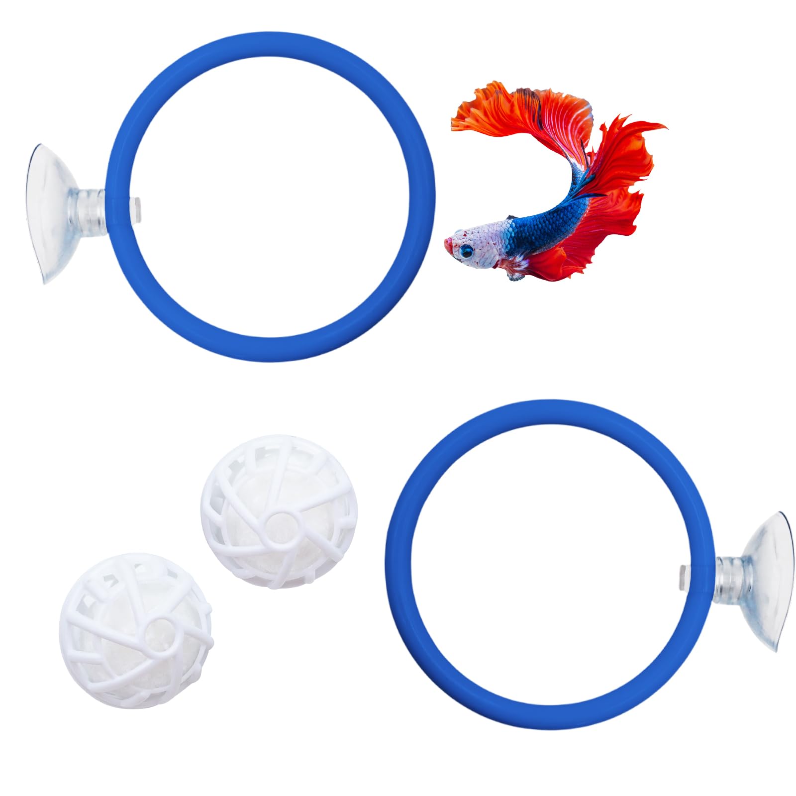 Betta Fish Tank Accessories 2 Plastic Feeding Rings with Suction Cups and 2 Nitrifying Balls Betta Enrichment Toys