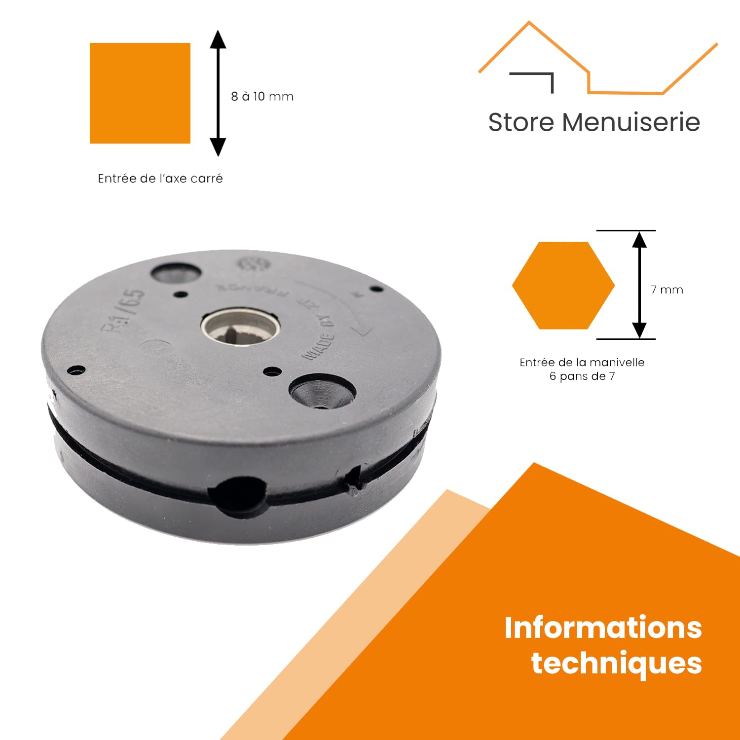 Treuil minivis C302 pour volet roulant fin de course entrée 6 pans 7 mm sortie carré de 10 mm