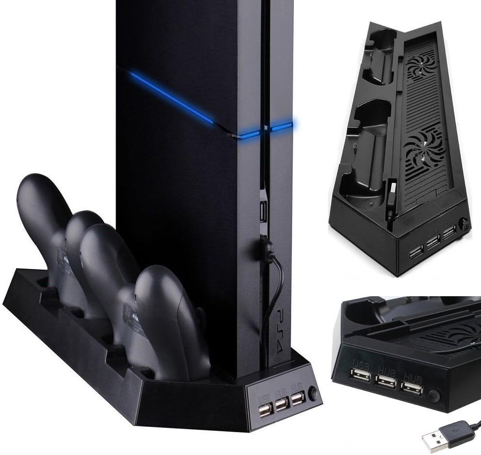 Tekdeals PS4 Vertical Stand with Cooling Fan Charger, Multifunctional PlayStation 4 Console Cooler Dualshock 4 Controllers Charging Station with Dual Charger Ports and USB HUB